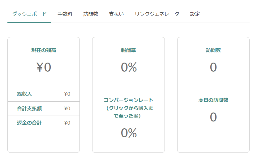 アフィリエイトのダッシュボード。上にダッシュボード・手数料・訪問数・支払い・リンクジェネレータ・設定のタブ